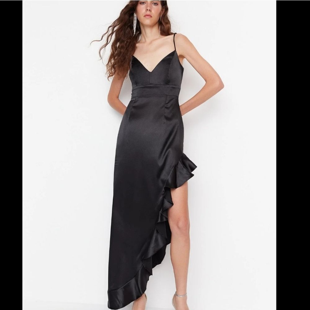 BRAND NEW E.L.H STUDIO HIGH LOW RUFFLE HEM SATIN DRESS